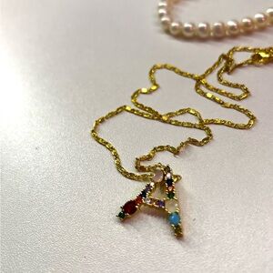 Gold Initial Necklace with Multicolor Gemstones